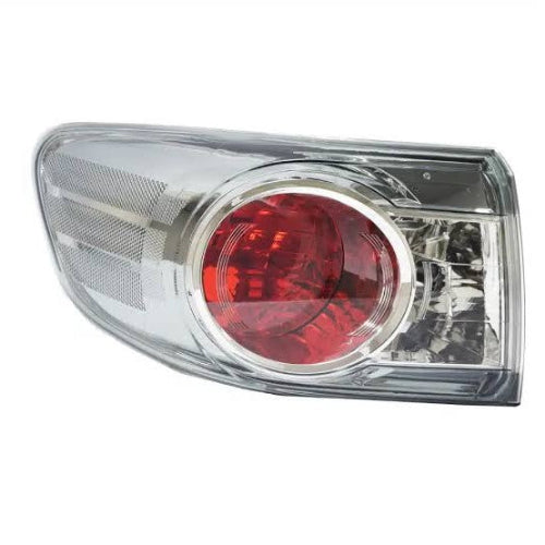 A single automotive tail light assembly with a clear smoked lens, red circular light, and chrome/silver trim, isolated on a white background.