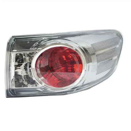 A single automotive tail light assembly with a clear lens, red circular light, and chrome trim, isolated on a white background.